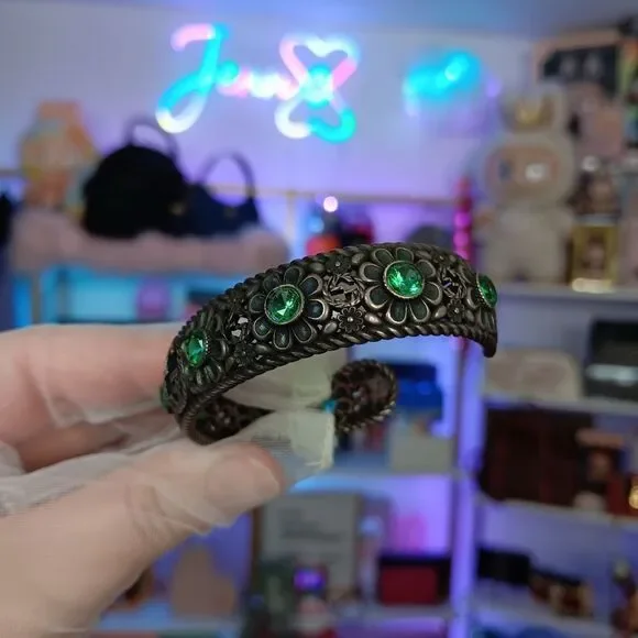 GUCCI Crystal Floral G Bangle 925 Silver Bracelet Green - Picture 8 of 14